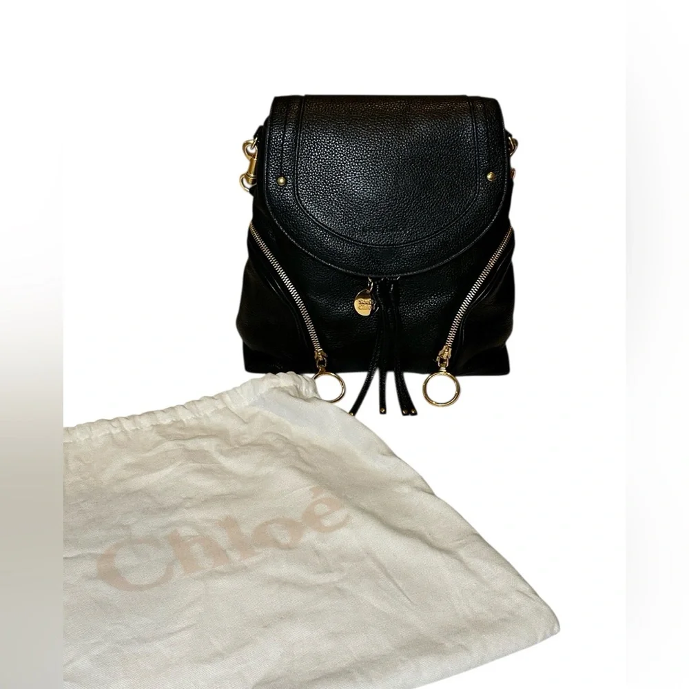 See By Chloe Olga Large Leather Black Backpack with Gold Accents
